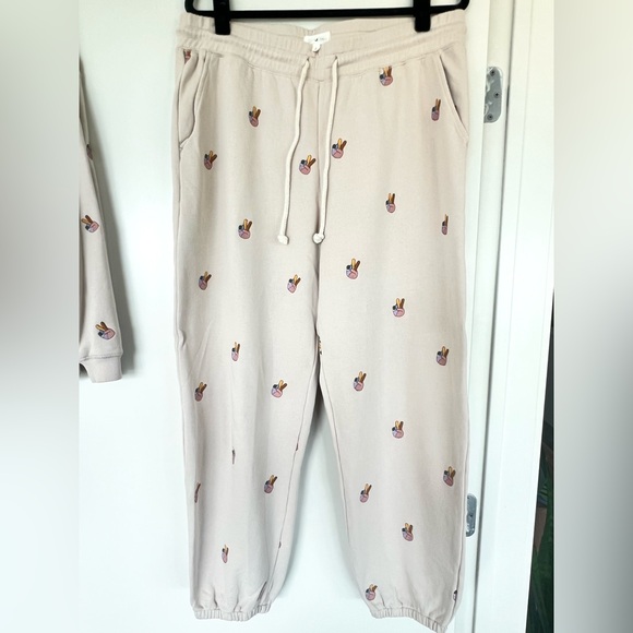 Lou & Grey Cotton Beige Embroidered Peace Sign Matching Sweatshirt and Pant Set - Picture 3 of 9